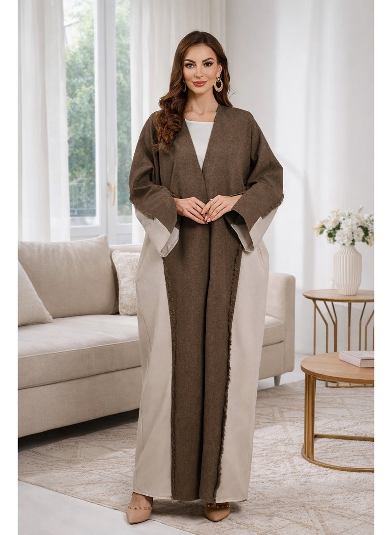 SHOWDAY Women’s Open Front Abaya Cardigan, Two Tone Long Kimono Kaftan with Belt & Pockets, Modest Maxi Outerwear for Daily Wear, Ramadan & Eid - Image 2
